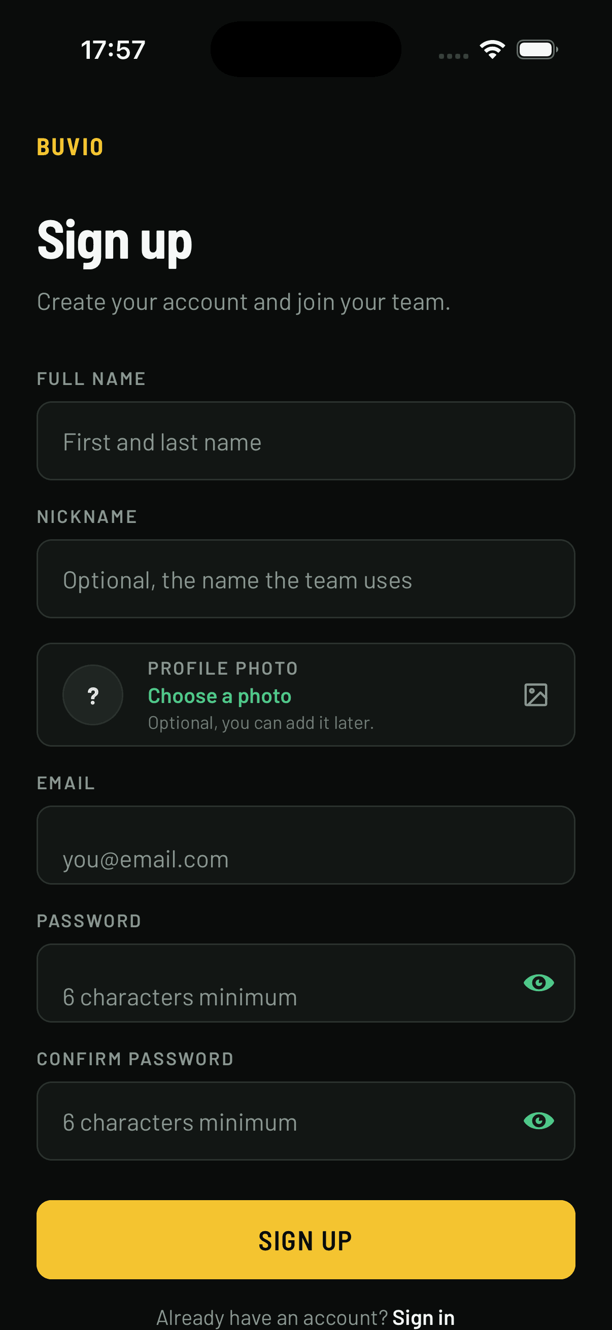 Buvio sign-up form with name, nickname, email, password and avatar