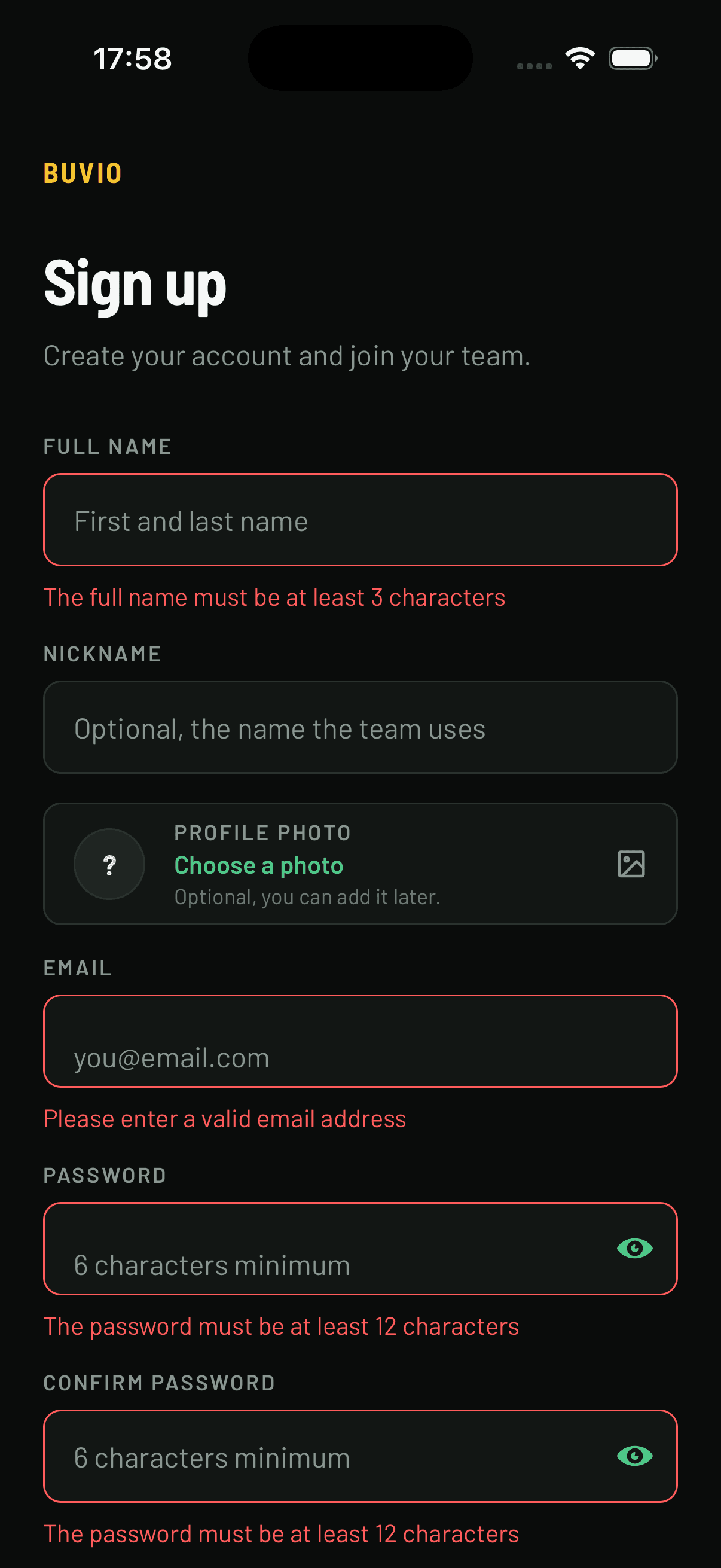 Buvio sign-up form showing inline validation errors under the fields