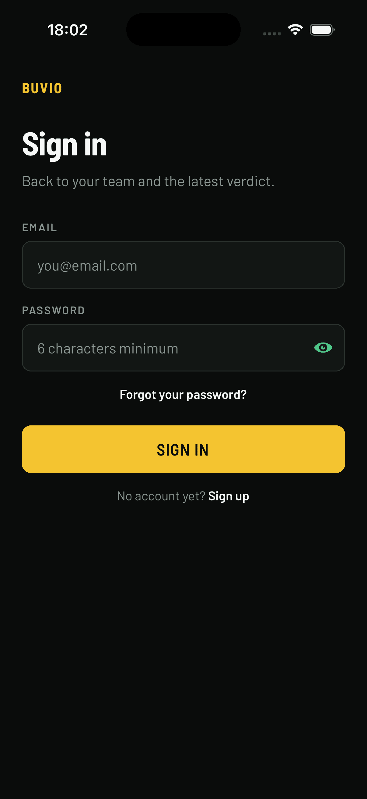 Buvio sign-in screen