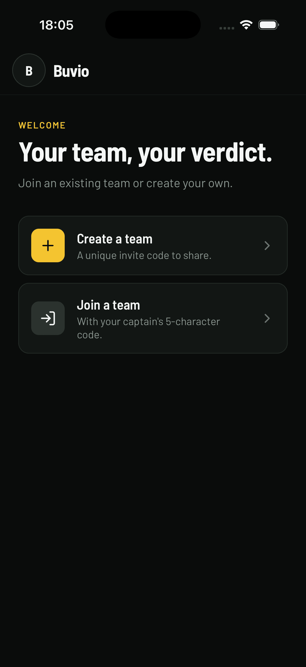 Buvio welcome screen offering to create a team or join one