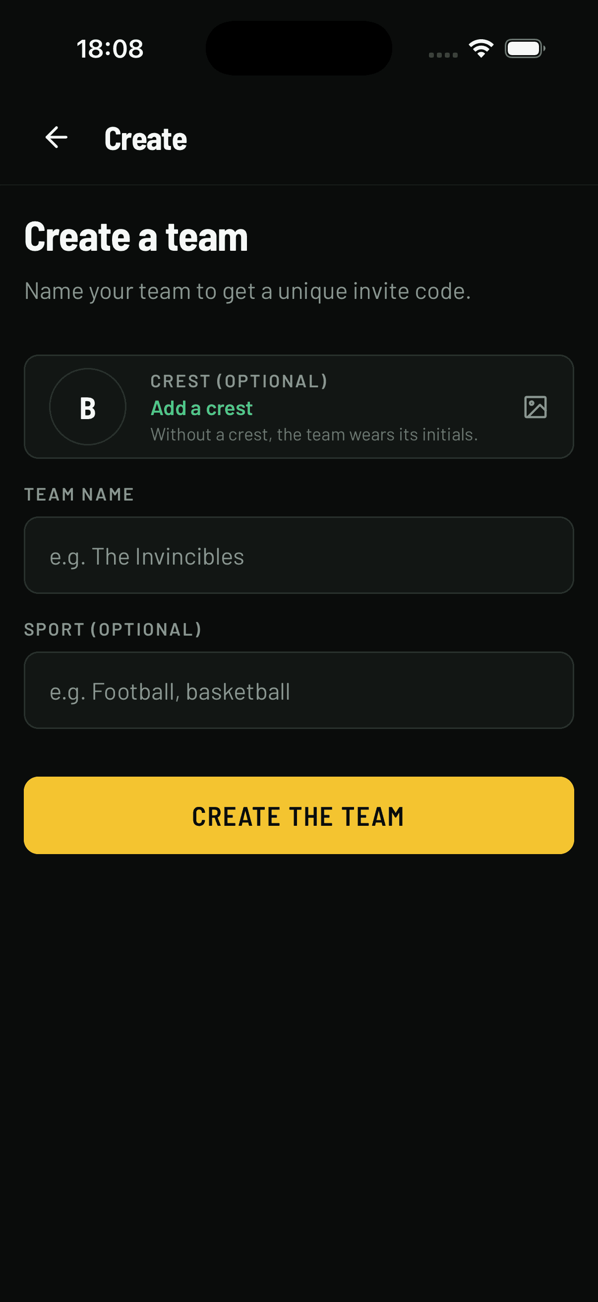 Buvio create team form with name, sport and crest picker