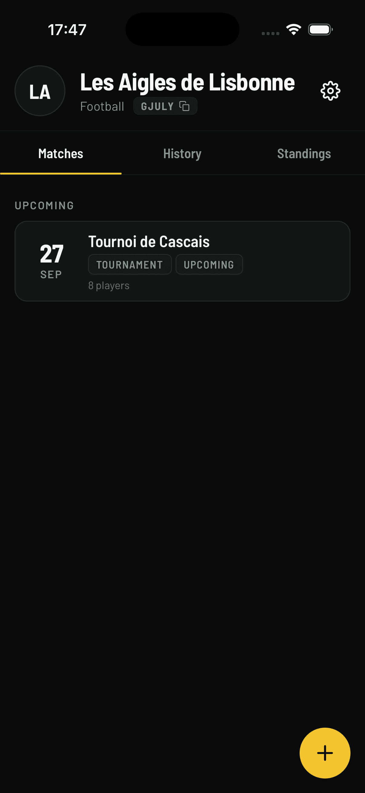 Buvio matches tab for a team, showing an upcoming tournament card and a create button