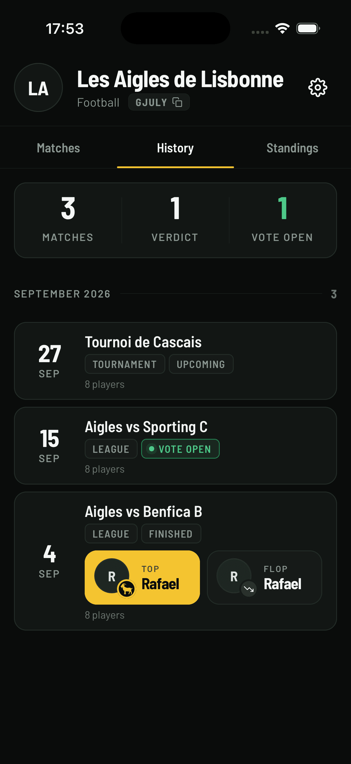 Buvio match history with counts of matches, verdicts and open votes, and cards tagged upcoming, vote open or finished