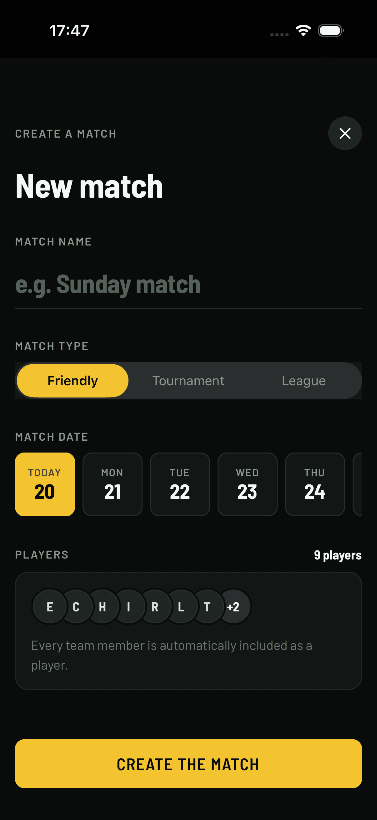 Buvio new match form with name, match type, a date strip and the roster included by default