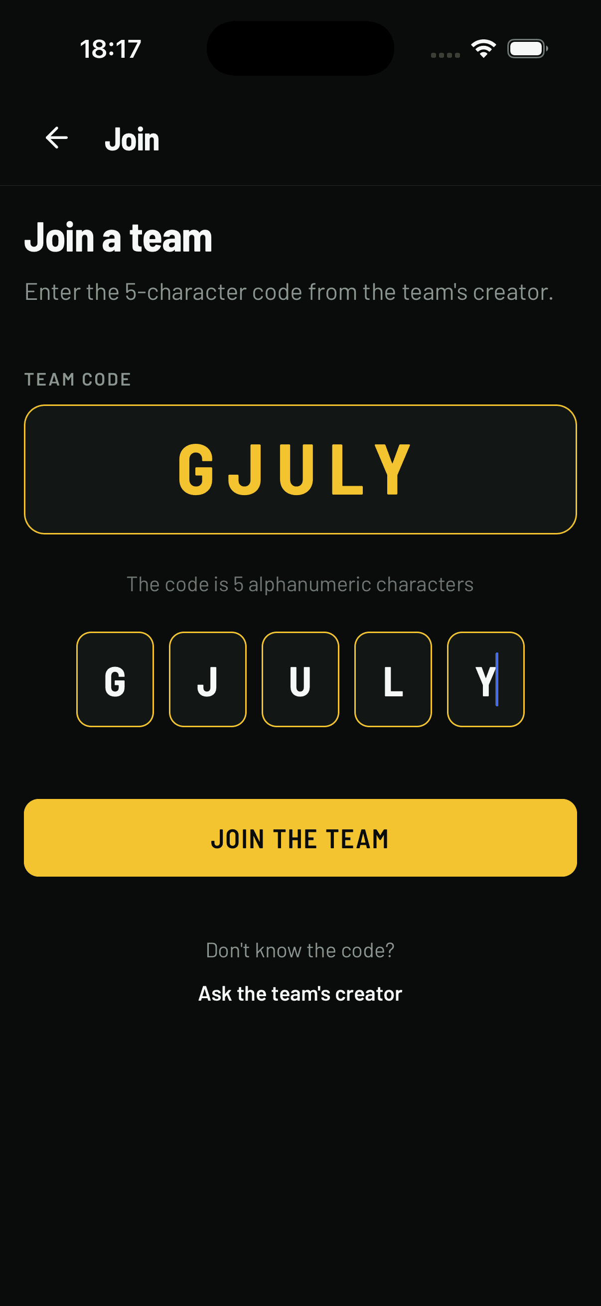 Buvio join team screen with the invite code input