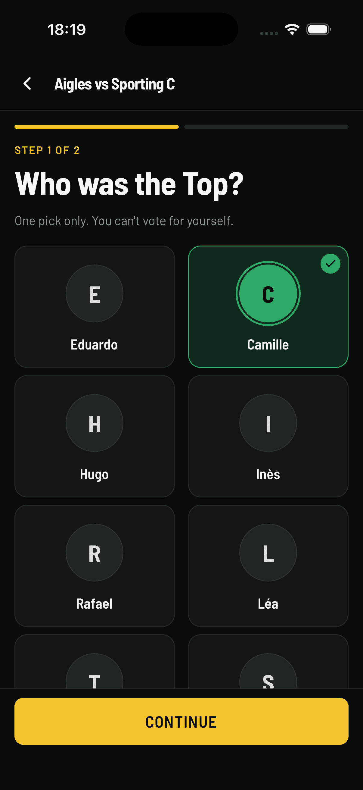 Buvio ballot, step one of two: a grid of teammates asking who was the Top, with one selected