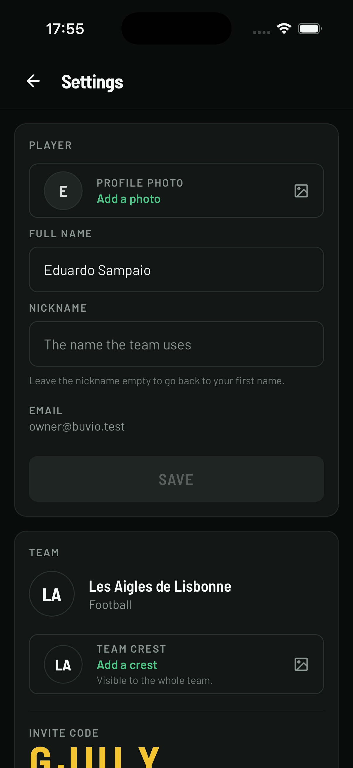 Buvio settings with profile, nickname, avatar and sign-out