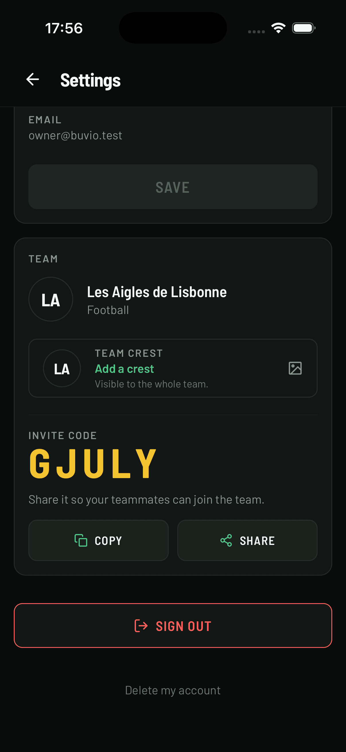 Buvio team settings with the invite code, crest and leave team